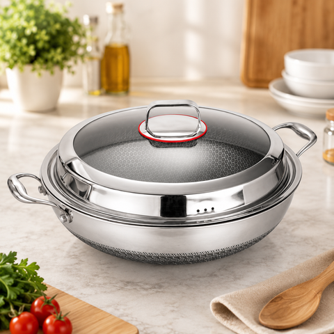 316 Stainless Steel Honeycomb Steamer & Frying Pan with Glass Lid | Multi-Purpose Non-Stick Pan for Gas & Induction (36cm, 38cm, 40cm)