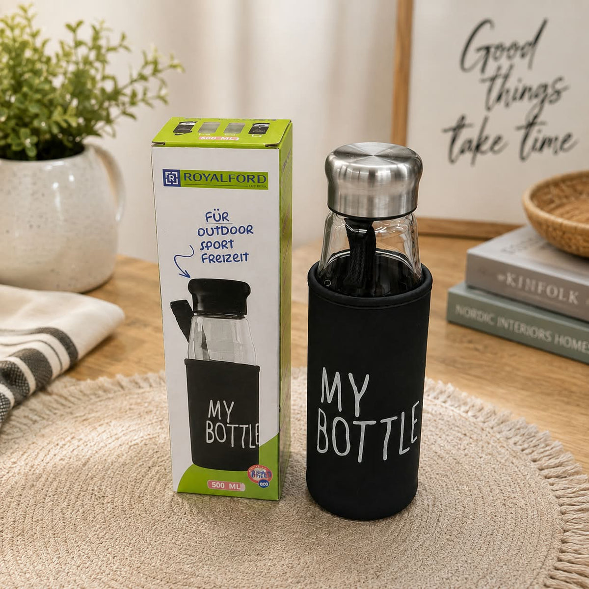 500ml portable glass water bottle with protective cover, ideal for outdoor activities, travel, office, school, and everyday hydration.