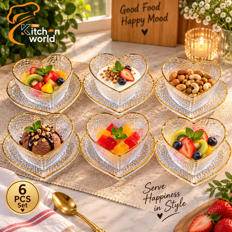 Elegant love shape dessert set with matching saucers for serving desserts, sweets, and snacks.