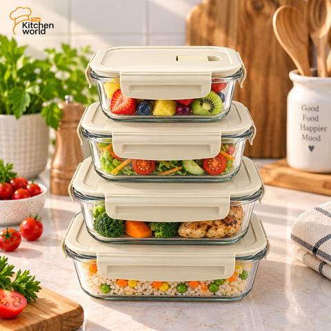 4 piece oven safe food storage box set with separate containers for storing, reheating, and serving food.