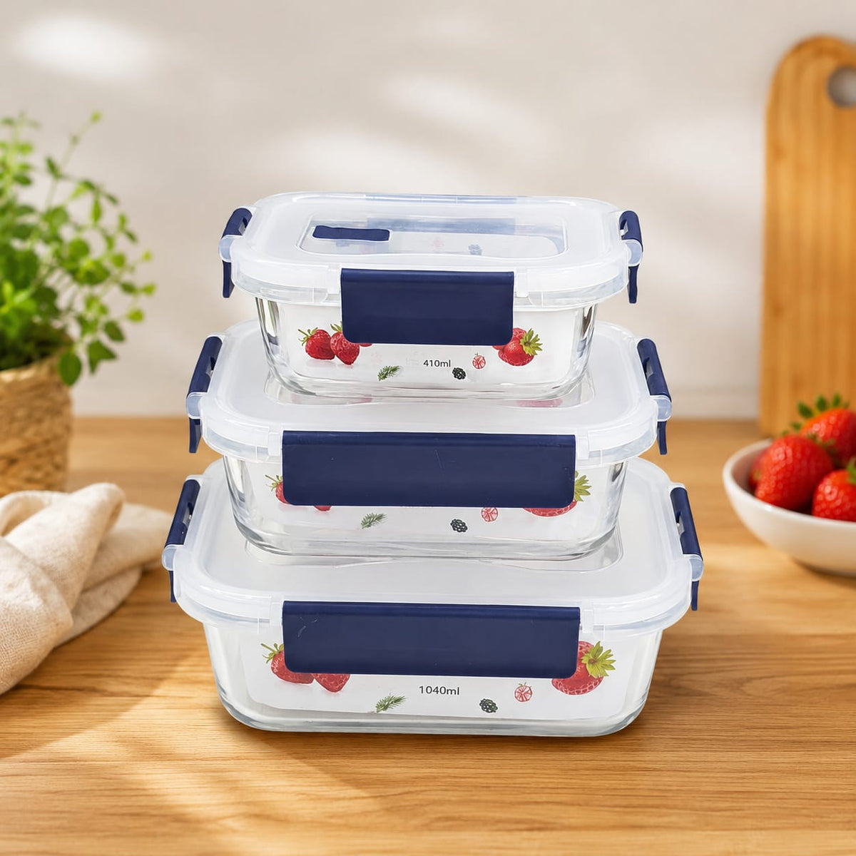 3-piece food storage container set in black with 410ml, 700ml, and 1040ml capacities, airtight food-grade containers for kitchen food storage and meal prep.