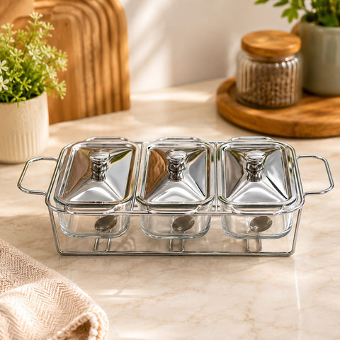 Stainless steel 4 compartment buffet serving dish with stand for serving multiple dishes