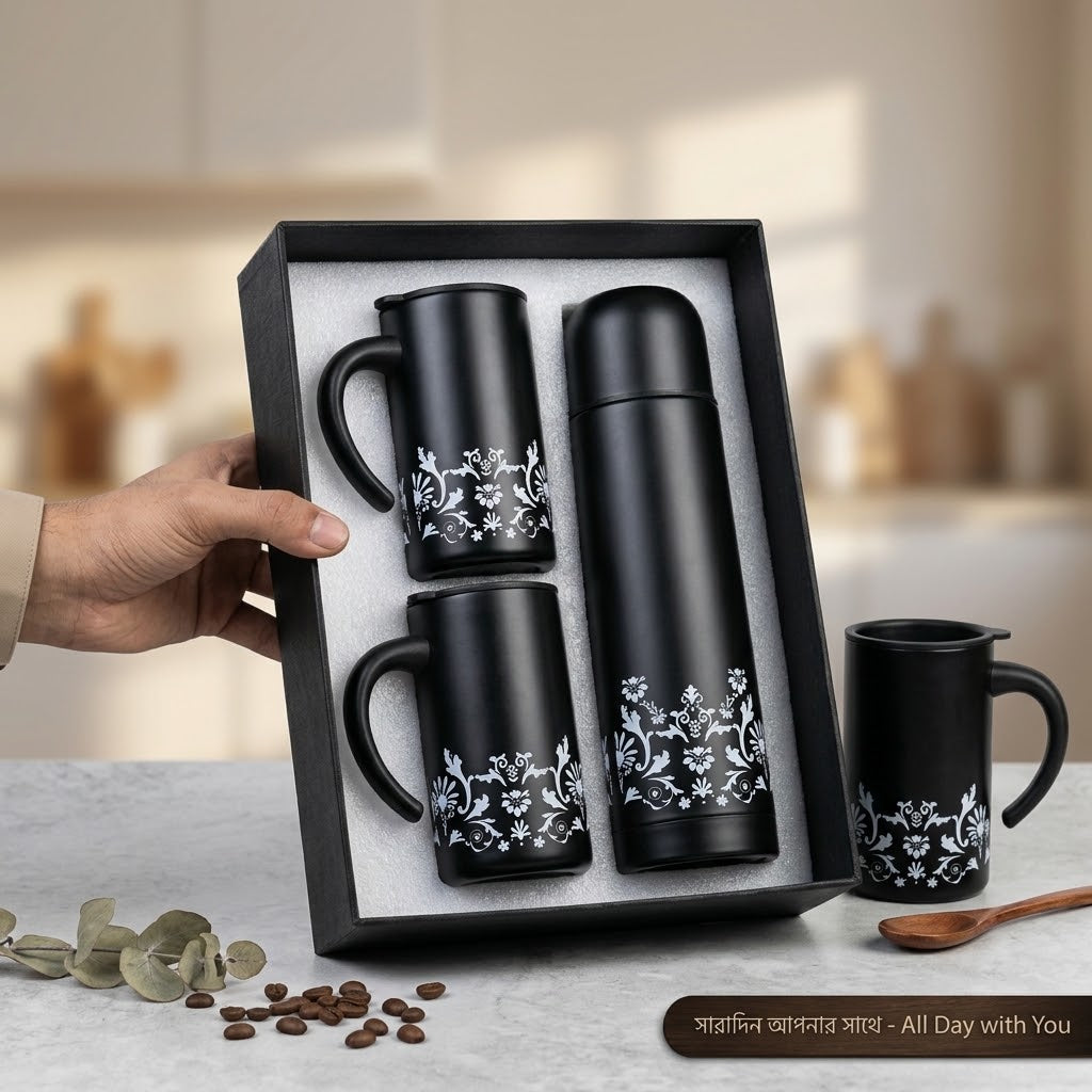 Black white thermos flask and mug set