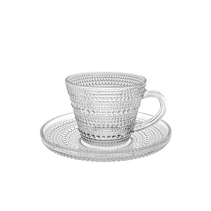 Clear glass coffee cups with matching saucers