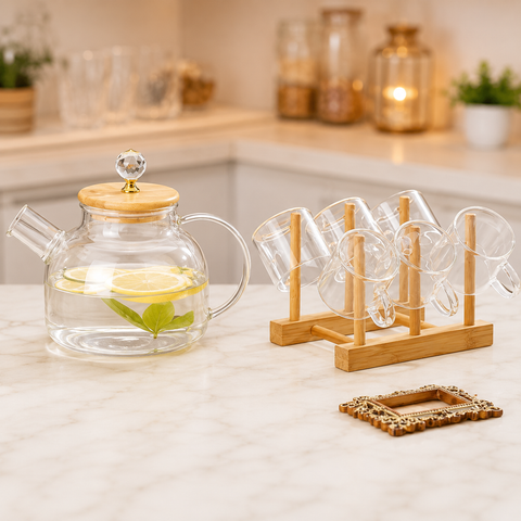 Luxury transparent glass tea set with teapot and 6 cups