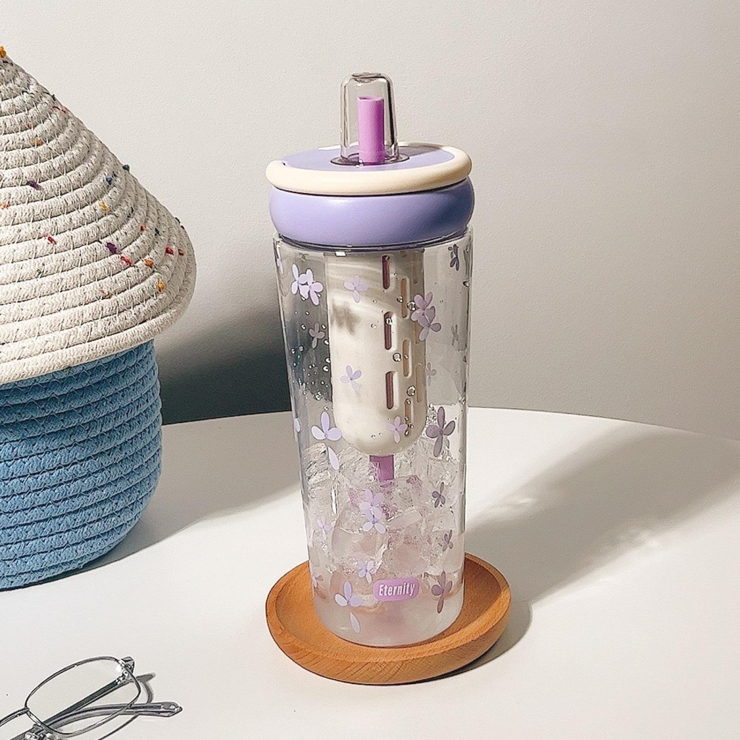 1000ml Cute Fruit & Flower Print Plastic Water Bottle with Straw – BPA-Free Leak-Proof Tumbler for Kids
