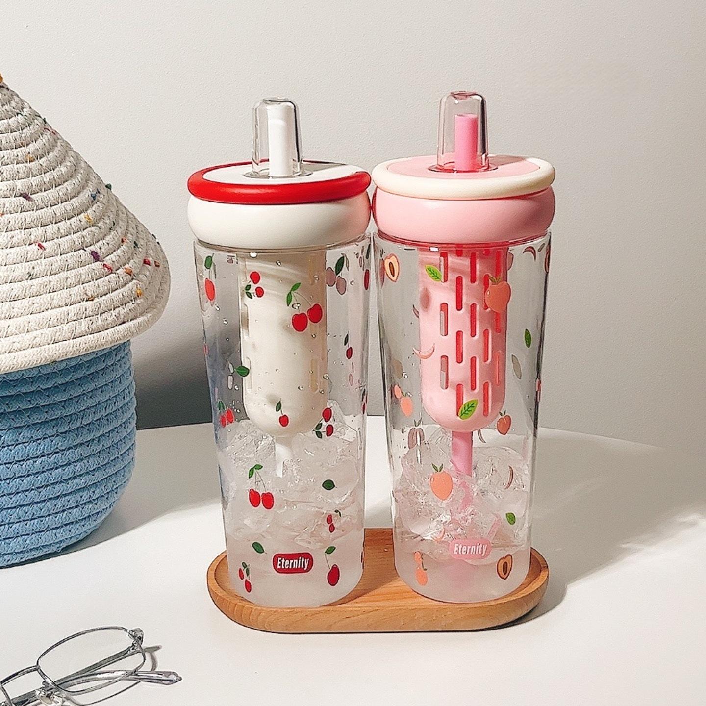 1000ml Cute Fruit & Flower Print Plastic Water Bottle with Straw – BPA-Free  Leak-Proof Tumbler for Kids