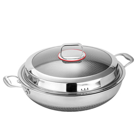 316 Stainless Steel Honeycomb Steamer & Frying Pan with Glass Lid | Multi-Purpose Non-Stick Pan for Gas & Induction (36cm, 38cm, 40cm)