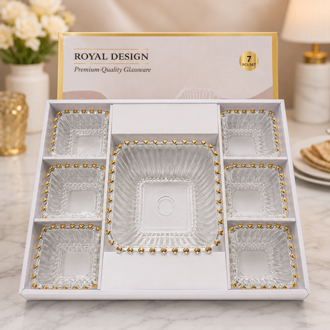 Premium 7-piece crystal glass bowl set with gold rim