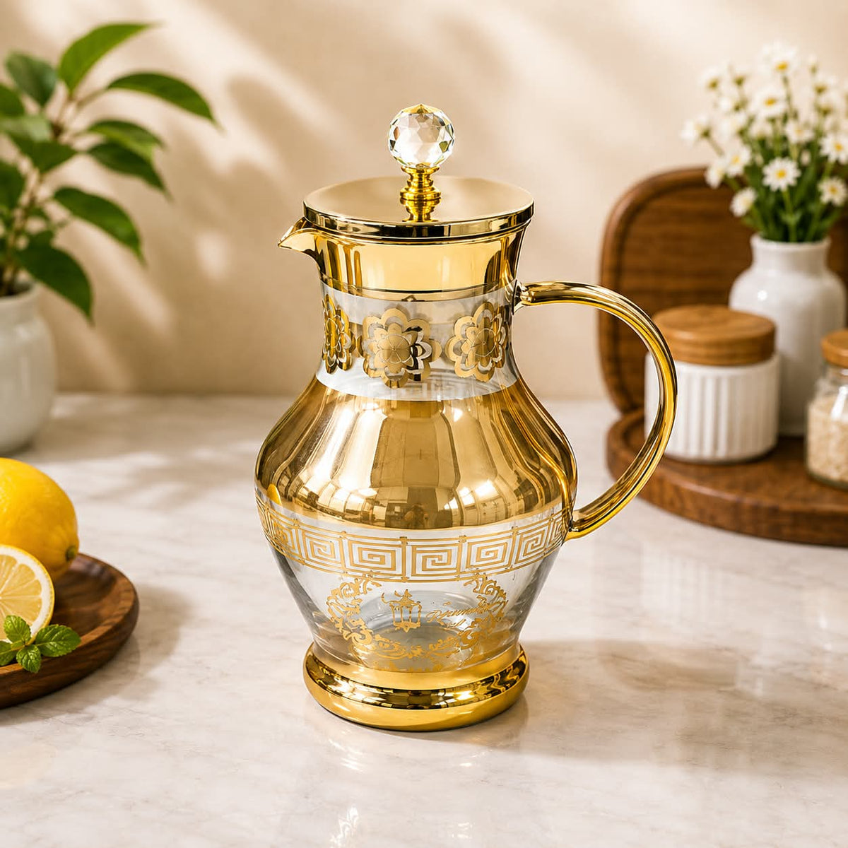 Premium clear glass water jug with elegant gold detailing