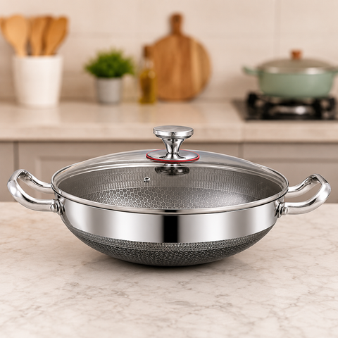 3-ply stainless steel honeycomb wok with lid