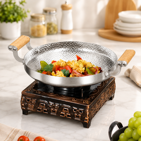 Stainless Steel Seafood Paella Pan with Double Handles | Commercial Frying Pan & Hot Pot for Gas & Induction