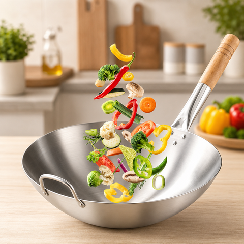 304 stainless steel round bottom wok pan with wooden handle