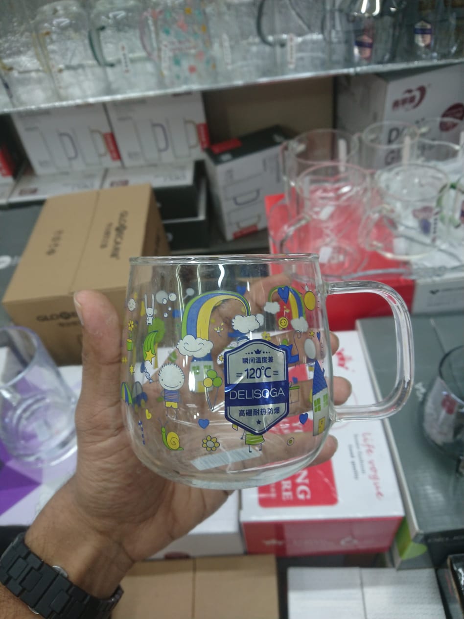 530ml Cartoon Printed Borosilicate Mug β Heat Resistant Glass Cup for Coffee, Tea & Juice