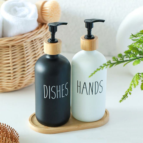 White glass lotion dispenser with bamboo pump