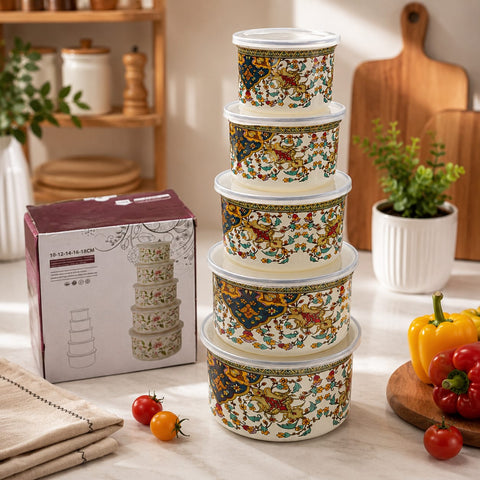 5-piece enamel food container and serving bowl set in 10cm, 12cm, 14cm, 16cm, and 18cm sizes for food storage, meal preparation, and serving fruits, salads, snacks, and everyday meals.