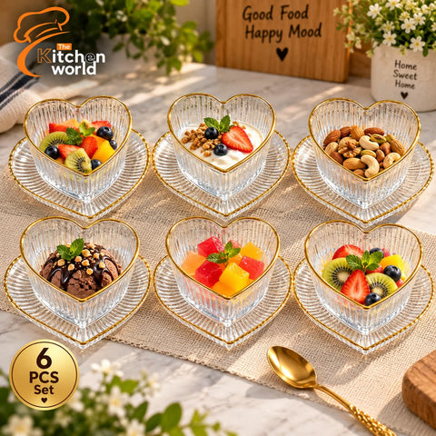 Elegant love shape dessert set with matching saucers for serving desserts, sweets, and snacks.