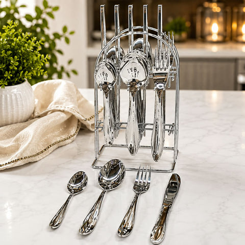 AYD 24 piece cutlery set with stylish spoons, forks and knives for everyday dining, family meals, restaurants and elegant table settings.