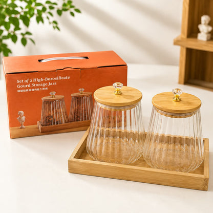 2 piece 760ml premium clear glass jar set with natural bamboo stand for storing tea, coffee, sugar, spices, snacks, and dry foods.