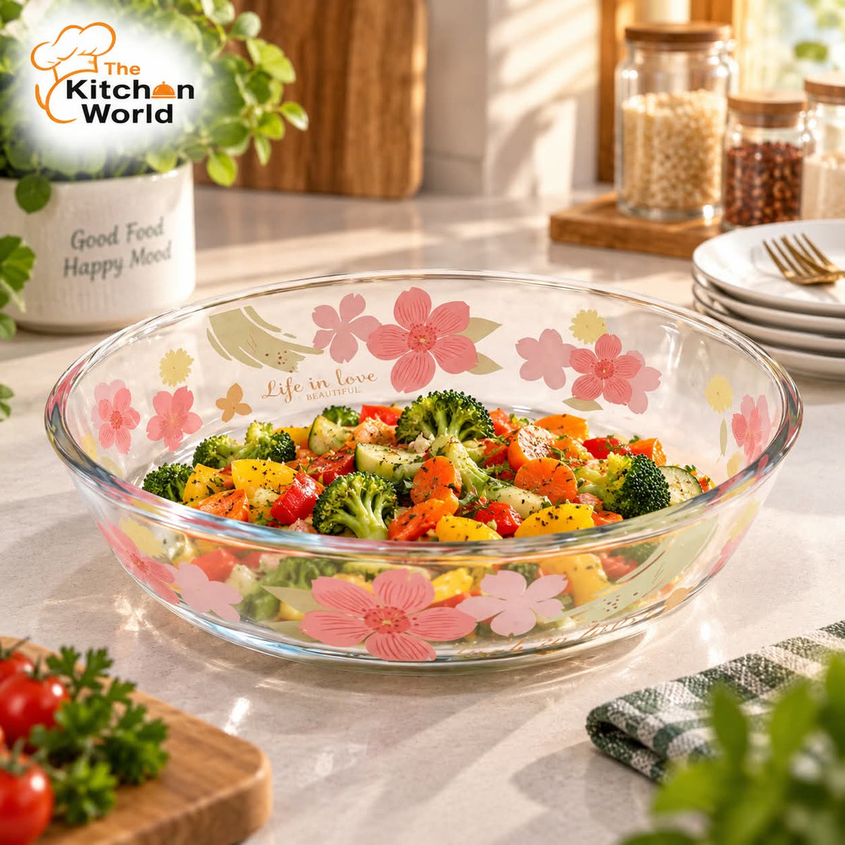 Floral print oven safe serving dish with elegant design, suitable for baking, cooking, reheating, and serving food.