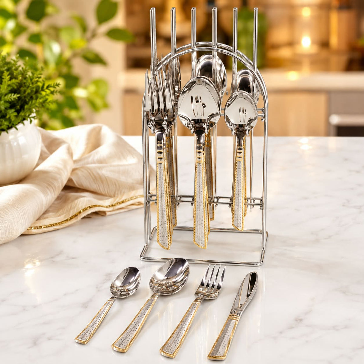 Premium AYD 24 piece dining cutlery set with stainless steel spoons, forks and knives, perfect for everyday meals and elegant table settings.