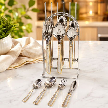 Premium AYD 24 piece dining cutlery set with stainless steel spoons, forks and knives, perfect for everyday meals and elegant table settings.