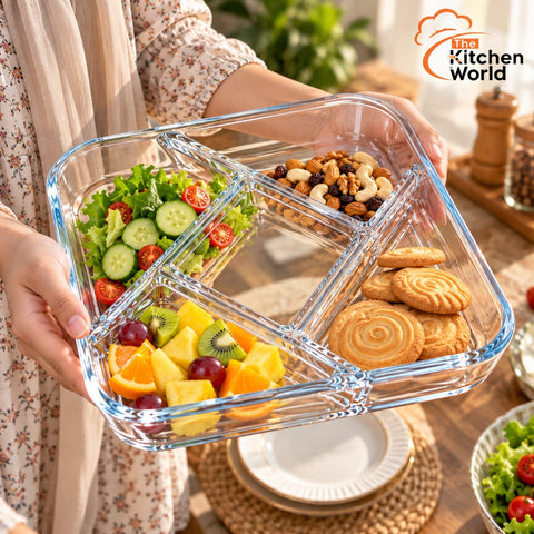 Oven safe glass divided plate with multiple compartments for serving different foods, snacks, and side dishes.