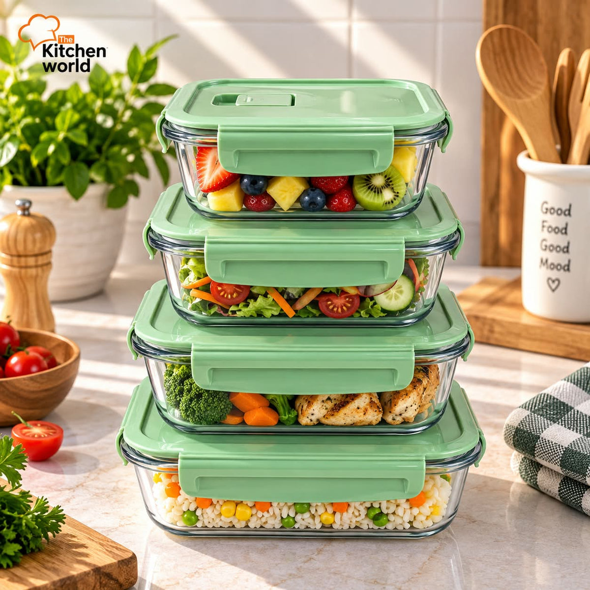 4 piece oven safe food storage box set with separate containers for storing, reheating, and serving food.