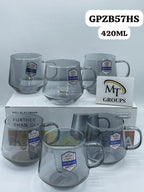 Glass Mug 420ML Set of 6 – Lightweight Borosilicate Glass, Stylish Black Round Design