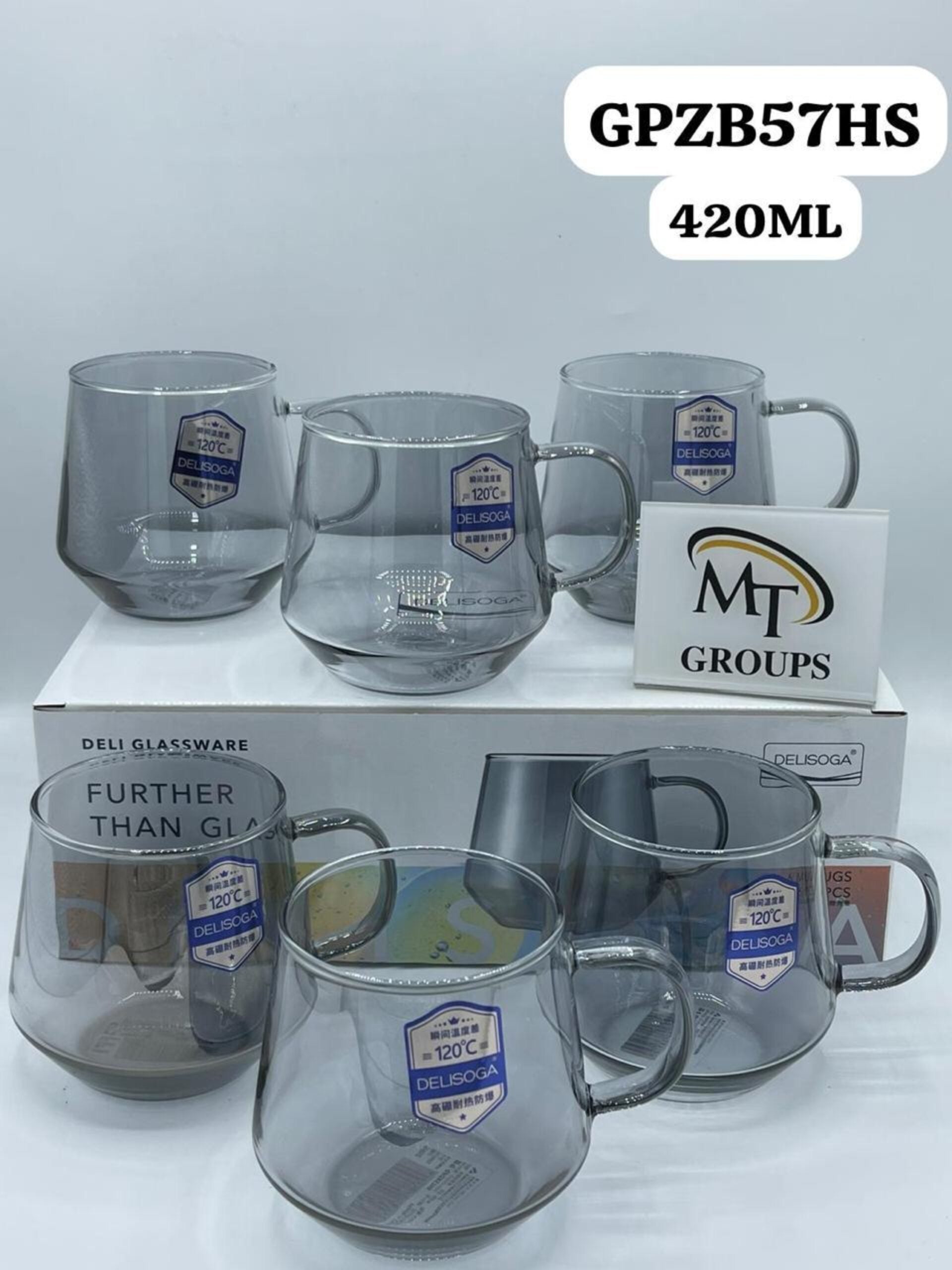 Glass Mug 420ML Set of 6 – Lightweight Borosilicate Glass, Stylish Black Round Design