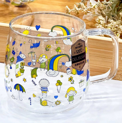 530ml Cartoon Printed Borosilicate Mug – Heat Resistant Glass Cup for Coffee, Tea &amp; Juice