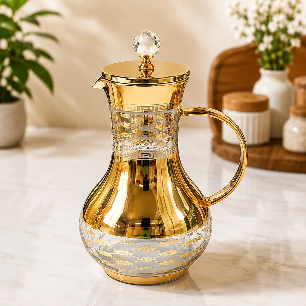 1700ml borosilicate glass jug with gold finish
