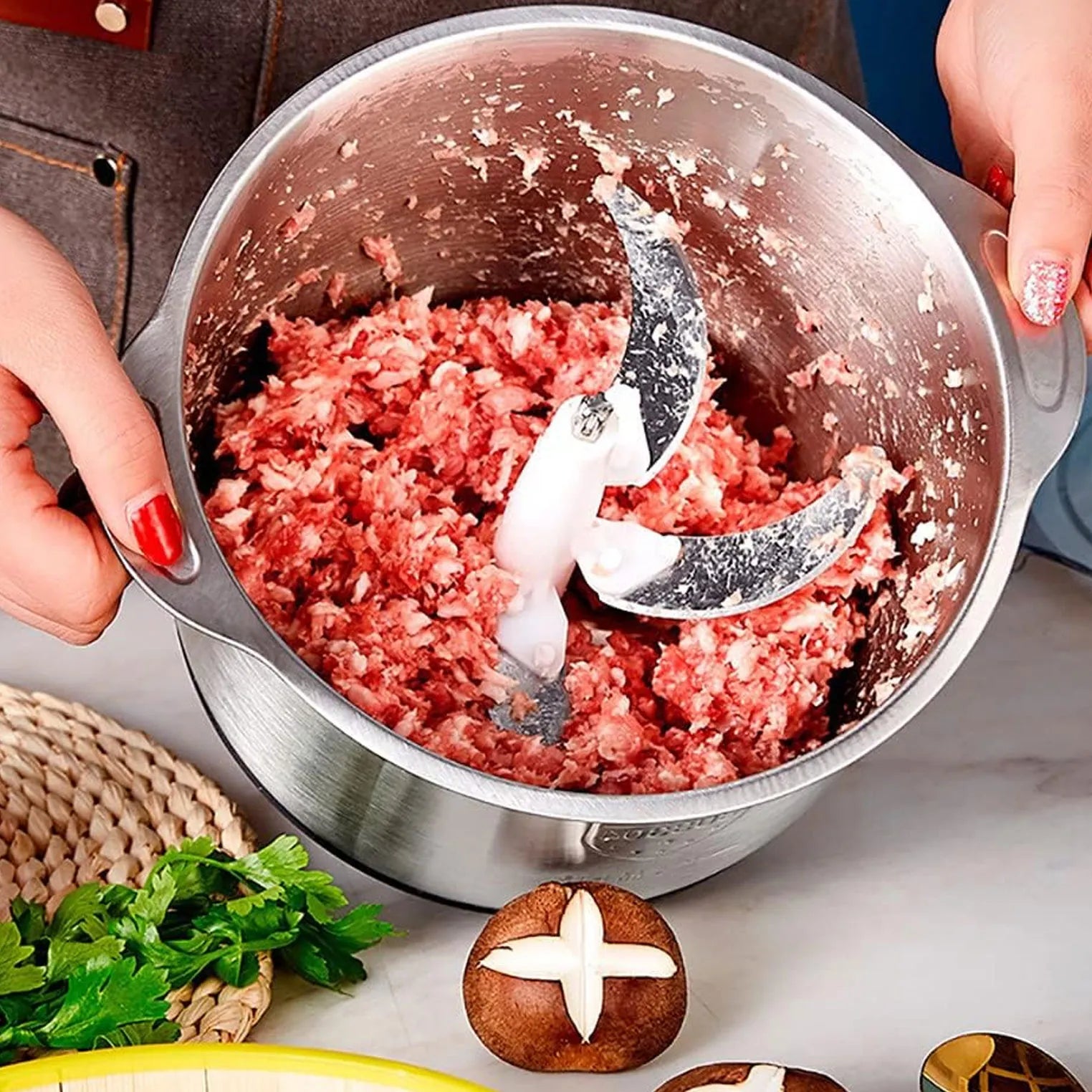
Electric kitchen food chopper with stainless steel blade