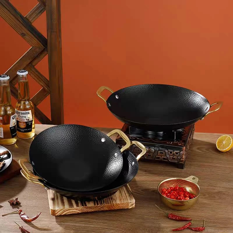 Japanese Style Non-Stick Sizzling Korai with Golden Handles | Frying Wok for Gas & Induction