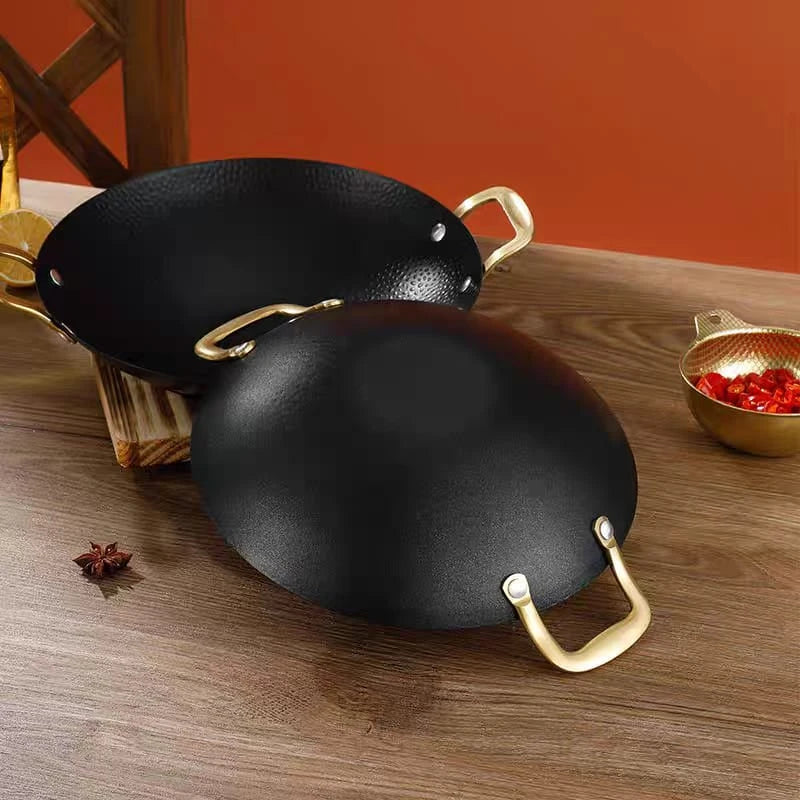 Japanese Style Non-Stick Sizzling Korai with Golden Handles | Frying Wok for Gas & Induction