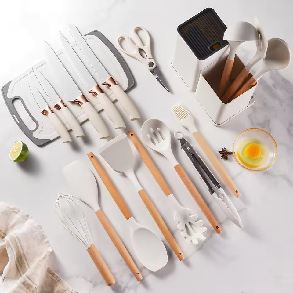 19-piece silicone kitchen utensil set with wooden handles