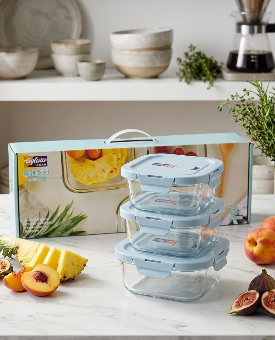 3 Pieces Borosilicate Glass Food Storage Containers Microwave Safe Home Airtight Food Bowl Set