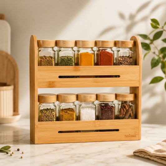 2-Layer Wooden Spice Rack Organizer | Pine Wood Spice Jar Storage Cabinet for Kitchen