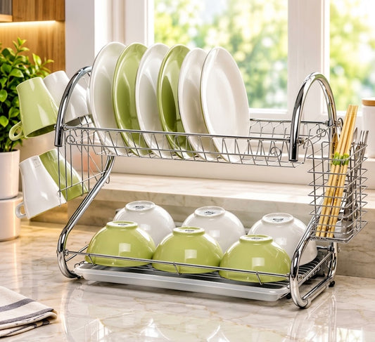 2-Tier Kitchen Dish Rack with Drain Tray | Space-Saving Plate, Bowl & Cup Drying Organizer