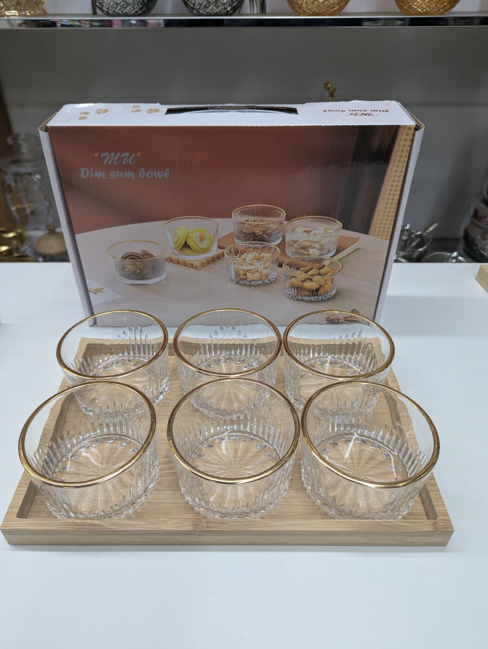 6 Pc Bowl Set with Bamboo Tray – Stylish Serving Bowl Set for Snacks & Dry Fruits