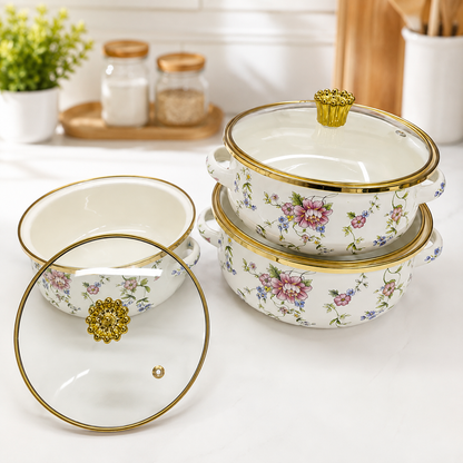 
Three-piece enamel saucepan set for everyday cooking