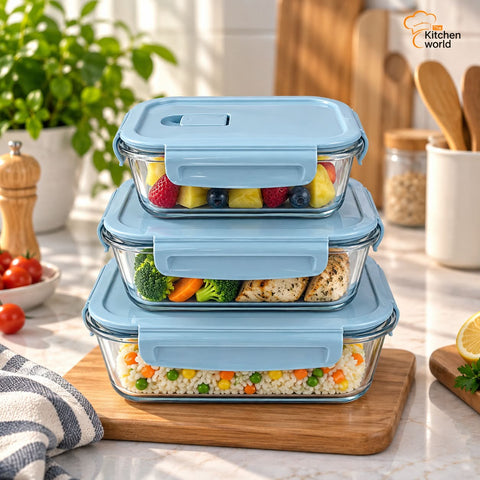 3 piece oven safe food storage box set with three separate containers for storing, reheating, and serving food.