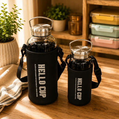 Large capacity reusable water bottle with protective cover, ideal for home, office, gym, sports, travel and outdoor activities.