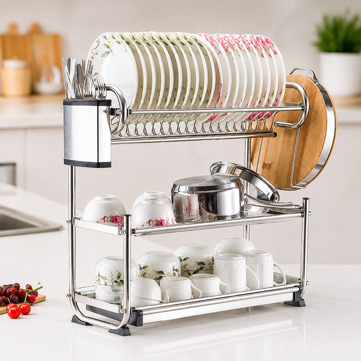 
3-Layer Kitchen Dish Drainer and Storage Organizer