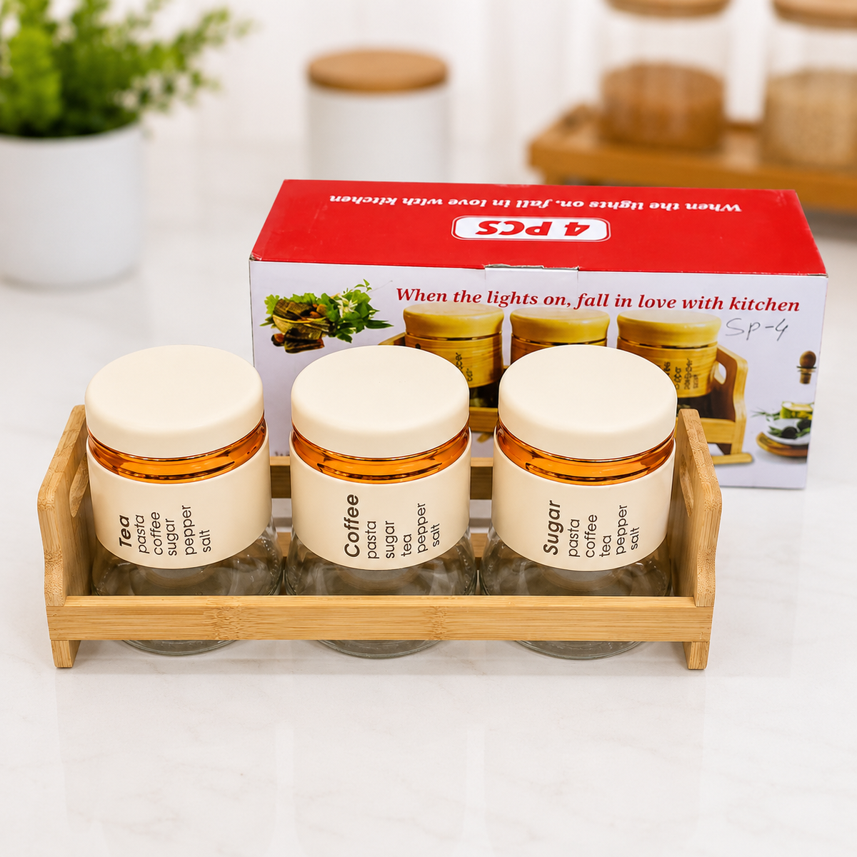 3-Piece 400ml Glass Spice Jar Set with Bamboo Stand