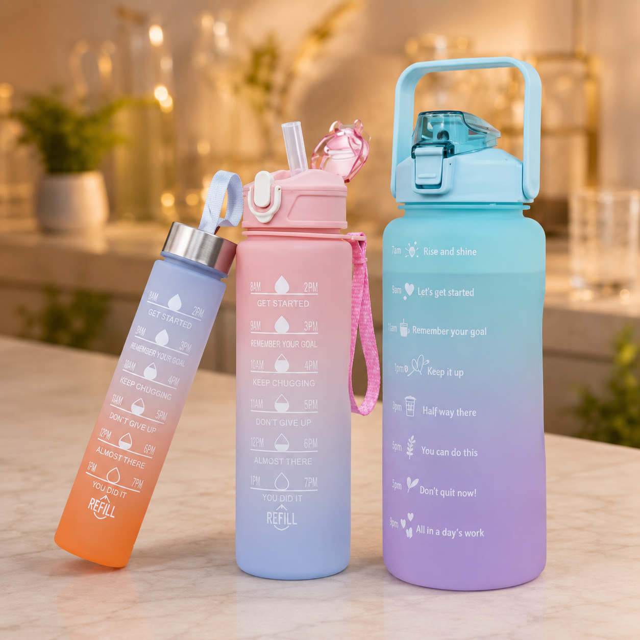 3-in-1 motivational water bottle set with time marker