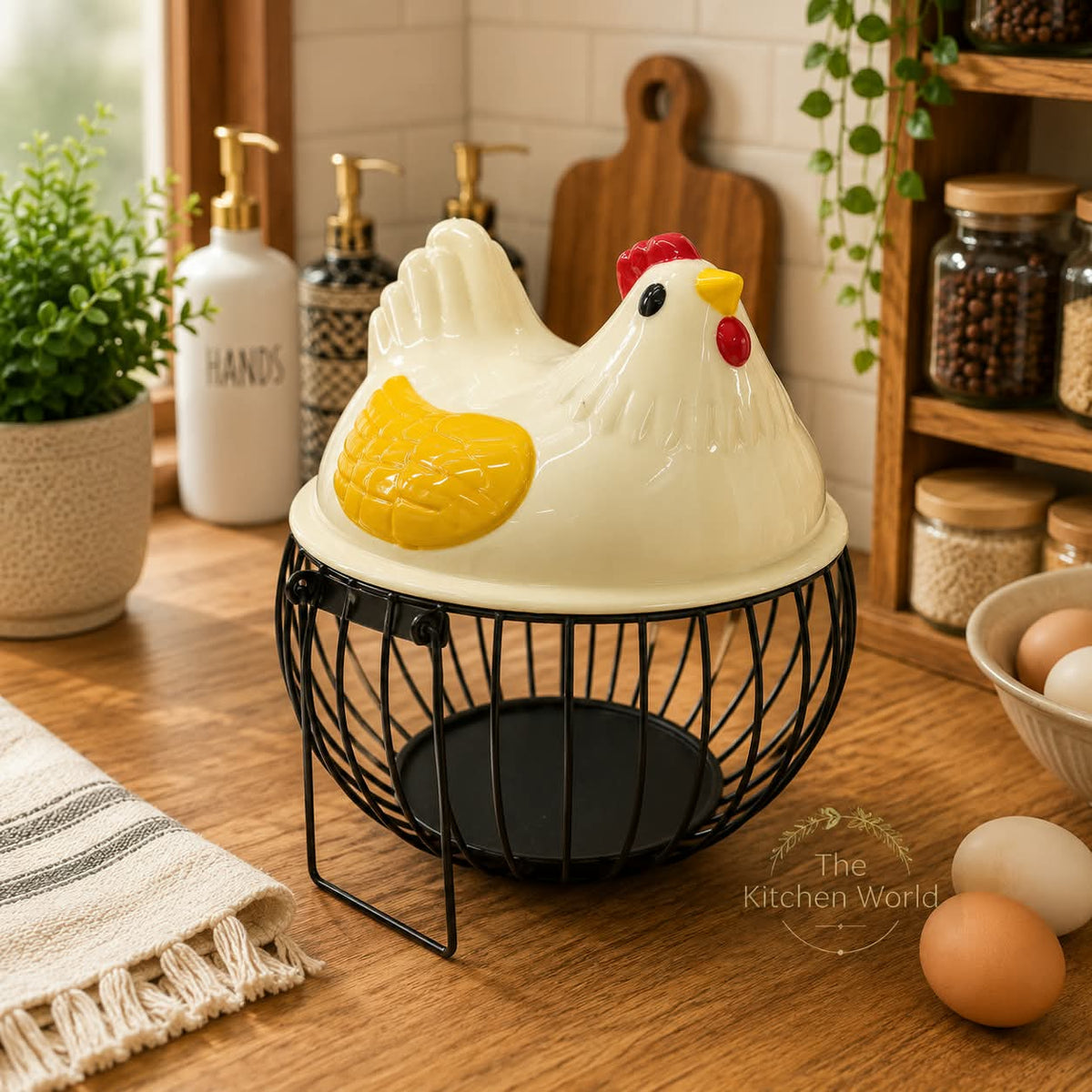 Premium quality imported egg storage basket with protective lid and durable metal body for organizing eggs in the kitchen.