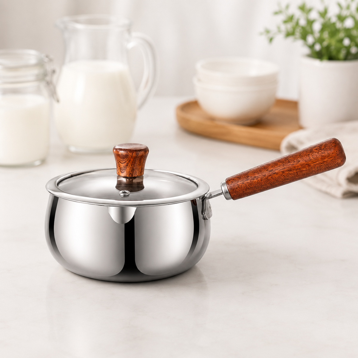 316 stainless steel milk pot with tempered glass lid and wooden handle