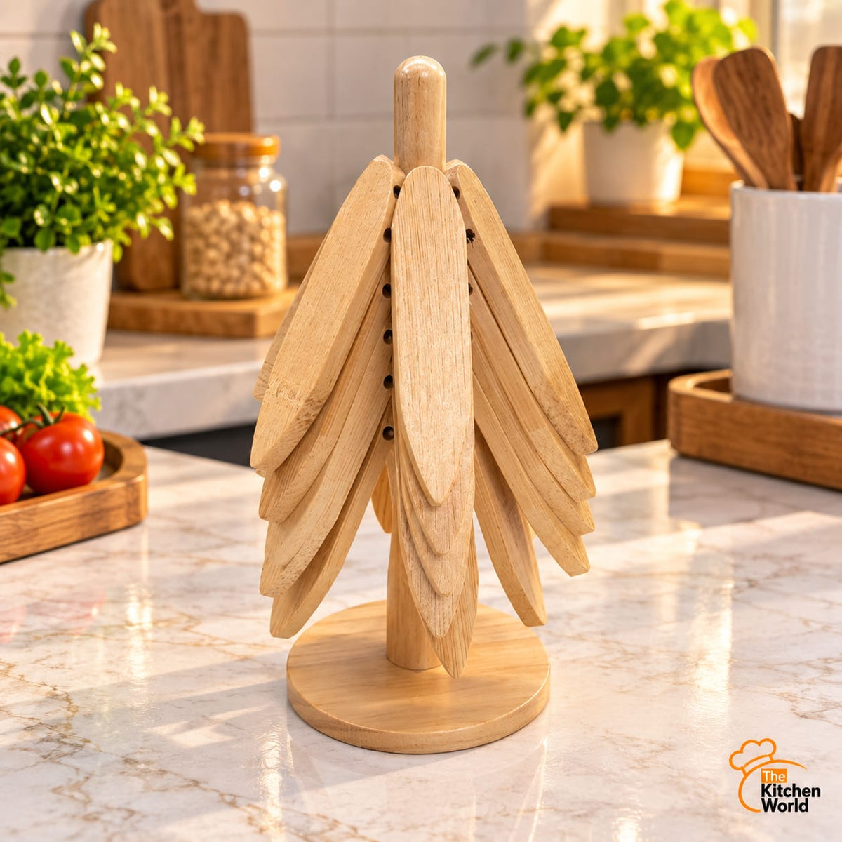 Premium rustic wooden tree trivet coaster for placing hot pots, pans, bowls, and serving dishes on dining tables or countertops.