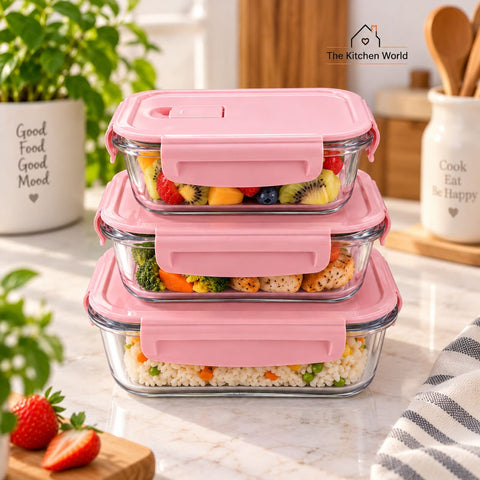 3 piece oven safe food storage box set with three separate containers for storing, reheating, and serving food.